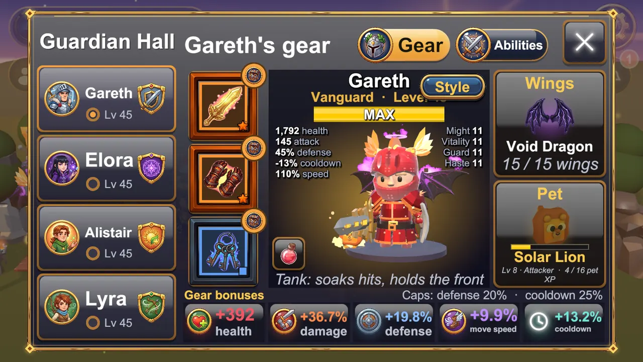 Gareth's gear, wings and pet in the Guardian Hall