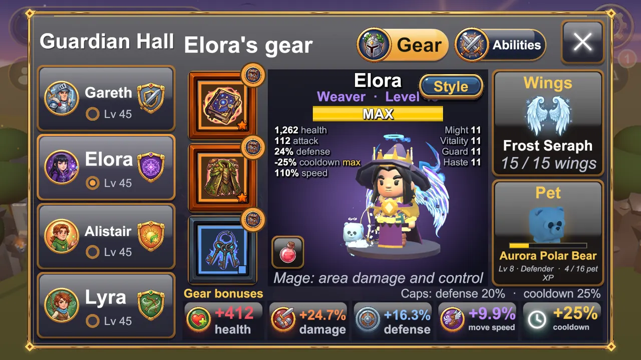 Elora's gear in the Guardian Hall